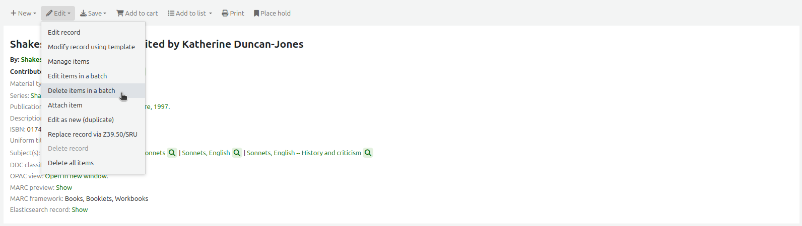 The Edit menu in a bibliographic record, the mouse cursor is on the 'Delete items in a batch' option