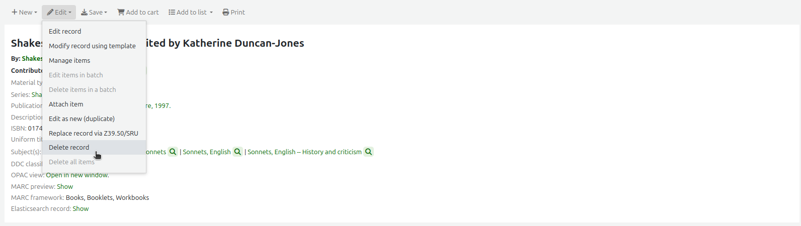 The Edit menu in a bibliographic record, the mouse cursor is on the 'Delete record' option