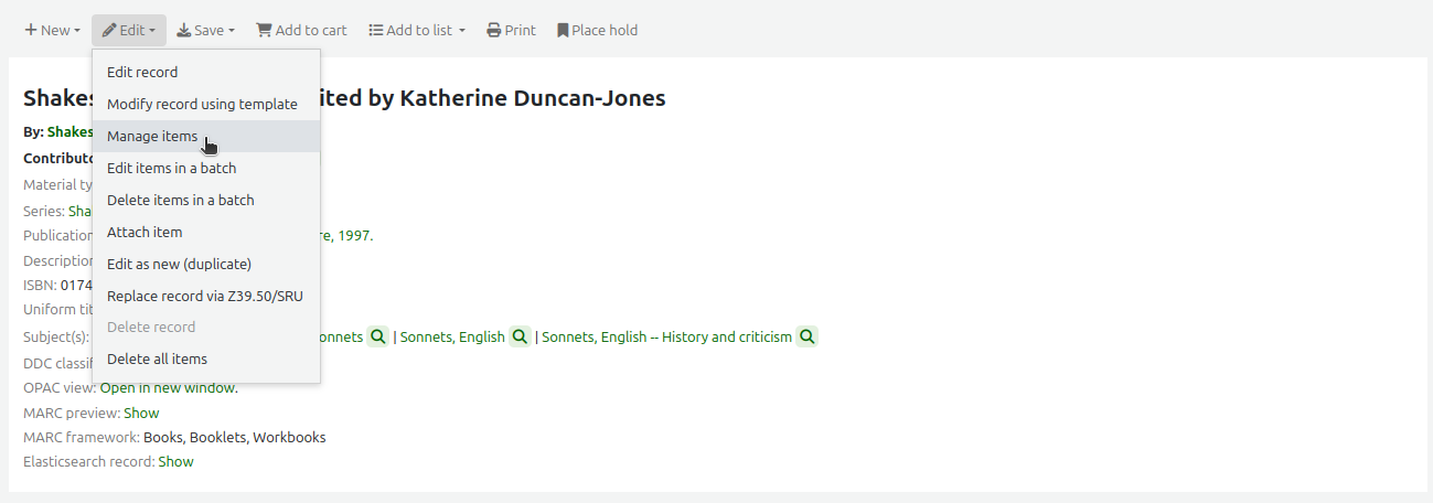 The Edit menu in a bibliographic record, the mouse cursor is on the 'Manage items' option