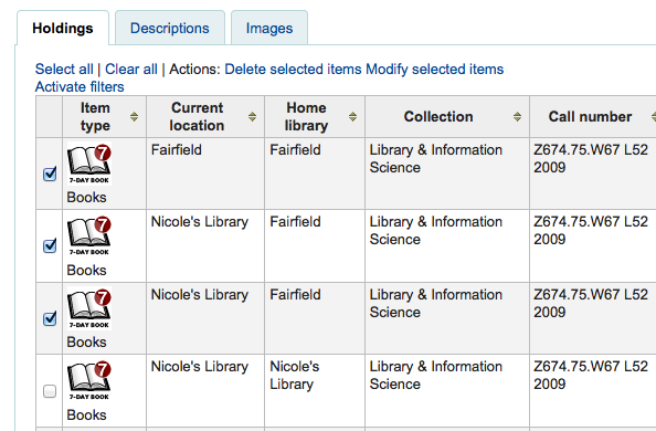 The 'Holdings' tab in a detailed record in the staff interface, two items are checked. There are Action links at the top of the table to 'Delete selected items' and 'Modify selected items'.