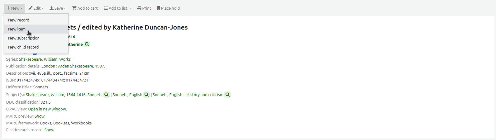 The 'New' button in a detailed record is clicked and the mouse cursor is on the 'New item' option