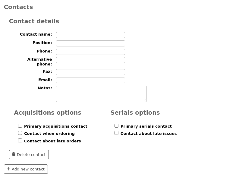 Contacts section of the new vendor form