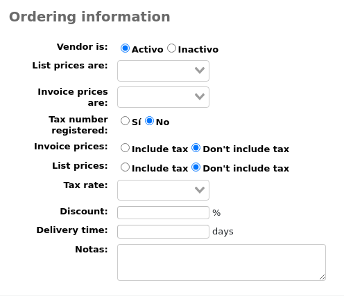 Ordering information section of the new vendor form