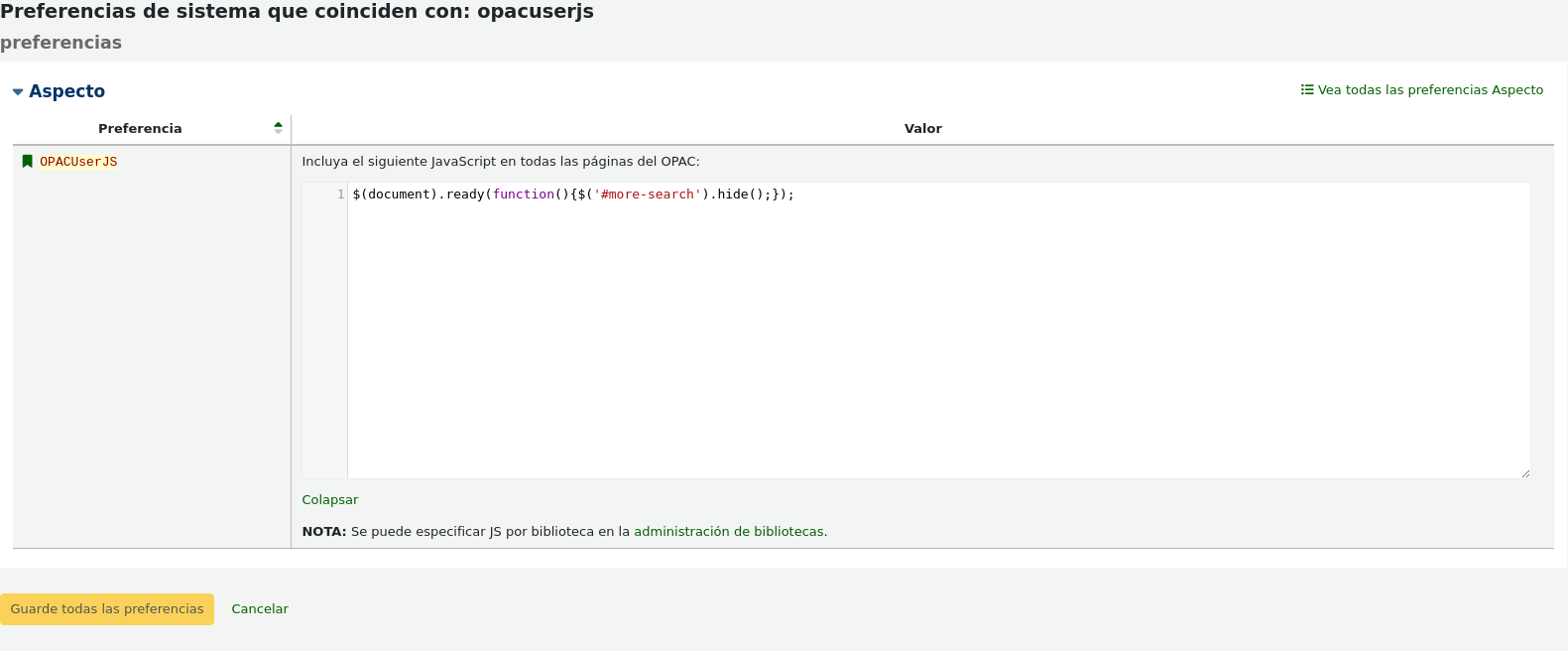 Example of using javascript in the OPACUserJS system preference to add a link to a custom page under the search bar in the OPAC