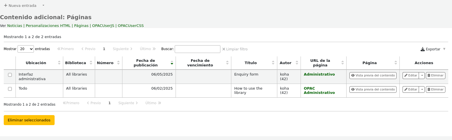 Pages tool main page, with table of current pages