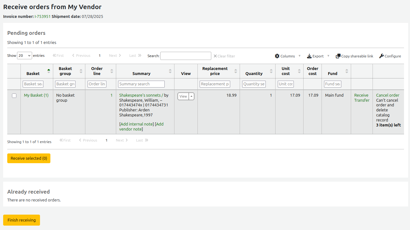 List of all pending orders (not yet received)