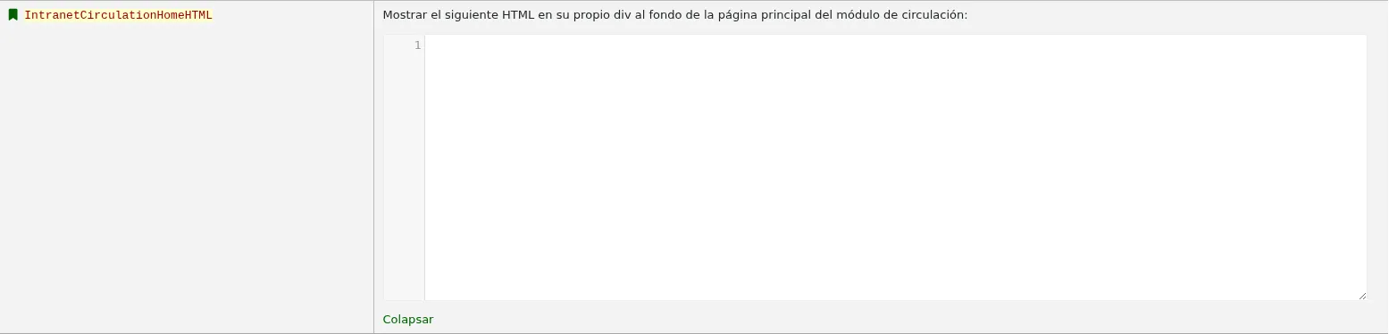 The HTML code entered in IntranetCirculationHomeHTML