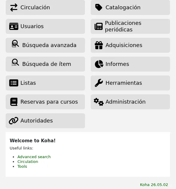 There is a block of text below the module icons on the staff interface homepage, with the title IntranetmainUserBlock and some bullet points.