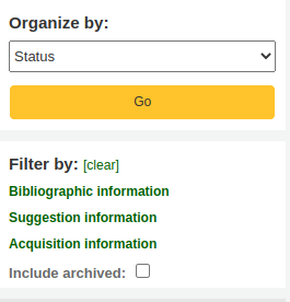 Filtres sur l'information bibliographique, de suggestion ou d'acquisition pour les suggestions, et une option pour inclure les suggestions archivées