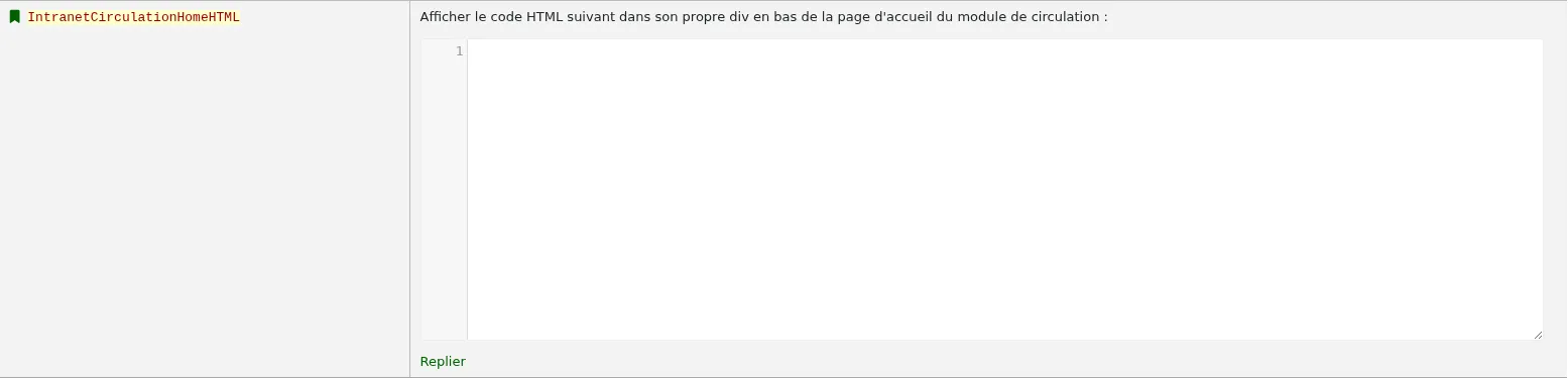 Le code HTML saisi dans IntranetCirculationHomeHTML