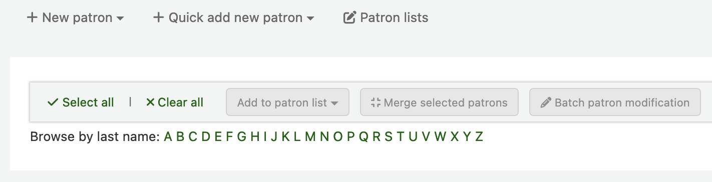 On the Patrons module homepage, the alphabet is displayed next to "Browse by last name".
