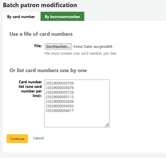 Batch patron modification form with field "Card number list" filled with seven card number entries