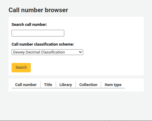 Call number browser pop-up window, with a field to search the call number, and a drop-down menu to choose the classification scheme.