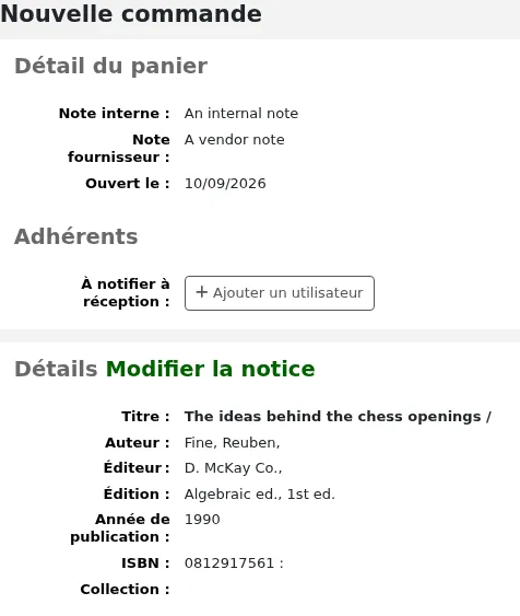 Lors d'une commande à partir d'une notice existante, la partie bibliographique du formulaire de commande sera automatiquement renseignée