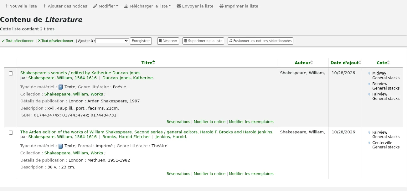 Vue des contenus d'une liste montrant des titres et fonctions