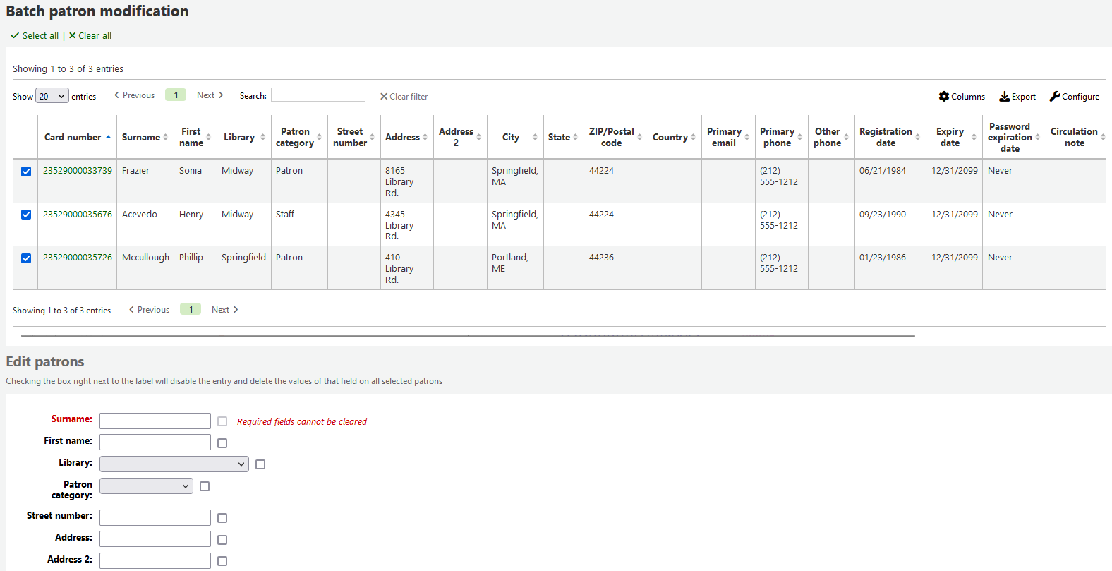Batch patron modification form showing three selected patrons to modify and some of the editable fields below