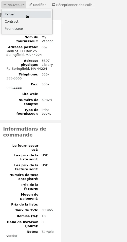 L'option 'Panier' du bouton 'Nouveau' sur la page du fournisseur