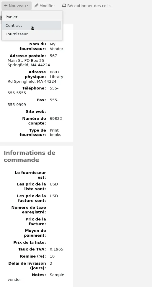 L'option 'Contrat' du bouton 'Nouveau' sur la page du fournisseur