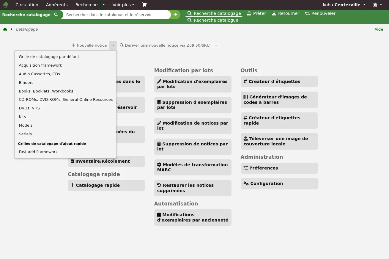 A choice of bibliographic frameworks opens when the arrow next to the 'New record' button is clicked