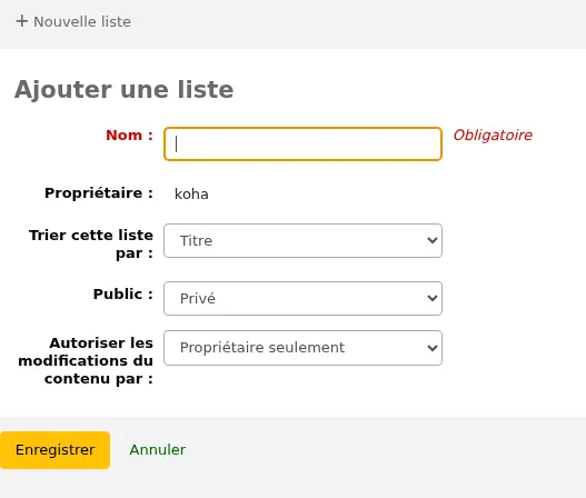 Formulaire pour créer une nouvelle liste