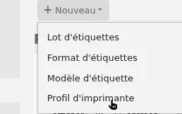 'New' menu in the label creator page is opened and the mouse cursor is on the 'Printer profile' option