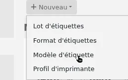'New' menu in the label creator page is opened and the mouse cursor is on the 'Label template' option