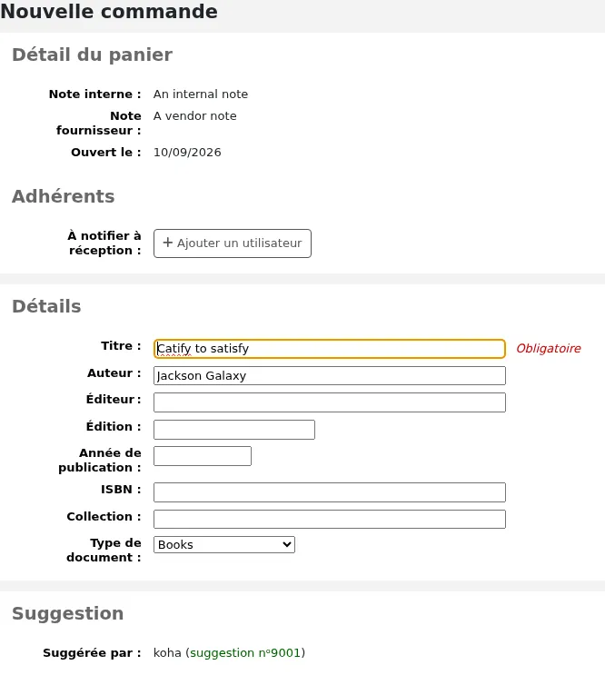 Formulaire de commande avec les informations de l'adhérent dans la section suggestions
