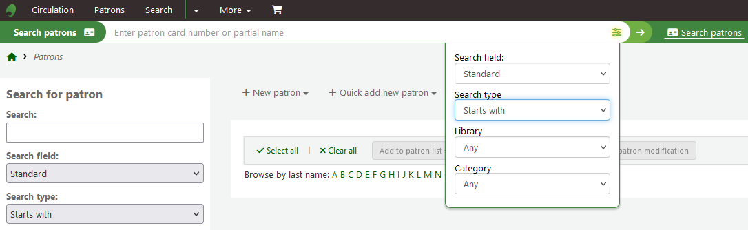 Expanded patron search field with menu option search type highlighted and value "Starts with" selected
