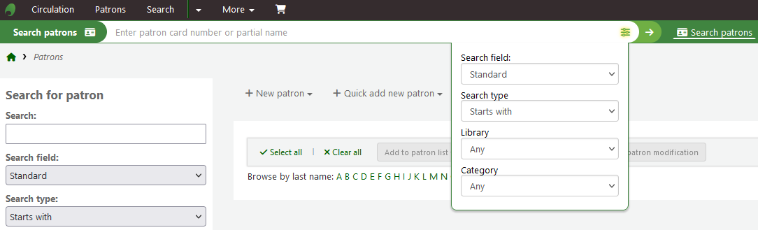 Expanded patron search field showing menu options for search field, search type, library or category