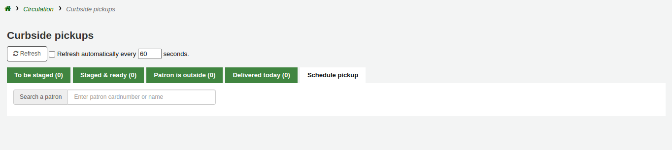 Curbside pickup management page, the Schedule pickup tab is selected and it contains a patron search box