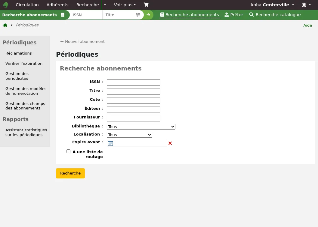 Page d'accueil du module Périodiques avec sur le menu de gauche, le boutton Nouvel abonnement, et le formulaire de recherche d'abonnement