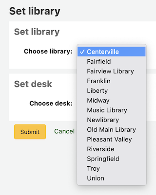 Dropdown menu with branches list in the Set library setting.