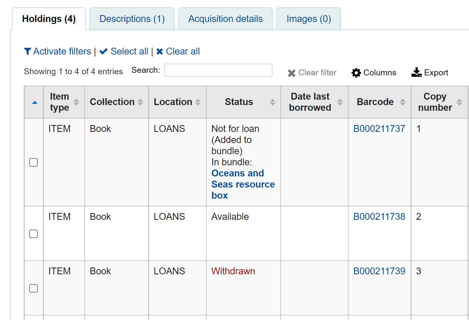 Holdings tab in a detailed record in the staff interface, one of the items has the 'Added to bundle' not for loan status, the status column also shows which bundle this item is a part of with a link to the bundle