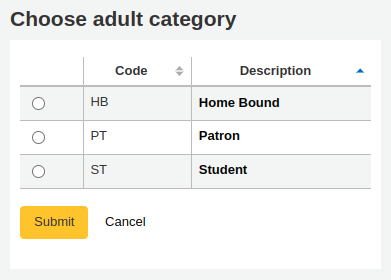 Table to choose an adult category