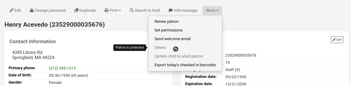 The 'More' menu in a patron file is opened, the mouse cursor is on the greyed out 'Delete' option where a tip saying 'Patron is protected' is displayed.