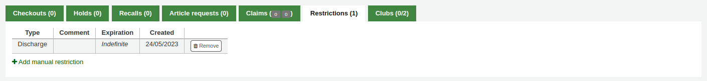 Restrictions tab in the patron's record showing a discharge restriction