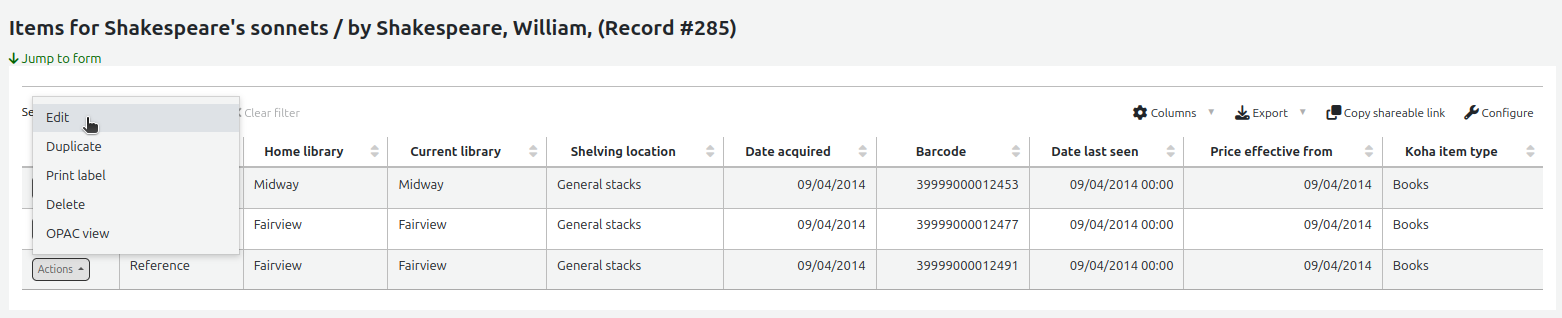 Manage items page, the 'Actions' button next to an item is open and the options are Edit, Duplicate, Print label, Delete, and OPAC view. The mouse cursor is over the Edit option.