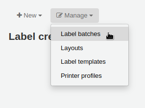 'Manage' menu in the label creator page is opened and the mouse cursor is on the 'Label batches' option