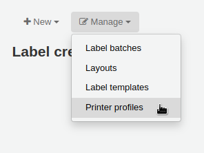 'Manage' menu in the label creator page is opened and the mouse cursor is on the 'Printer profiles' option
