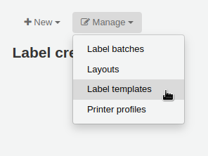 'Manage' menu in the label creator page is opened and the mouse cursor is on the 'Label templates' option