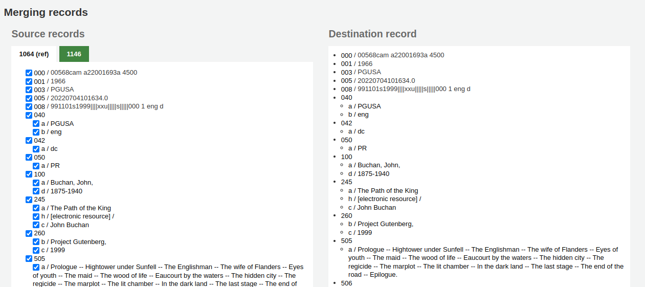 Source and destination records when merging records, the source record has checkboxes next to each field and subfield