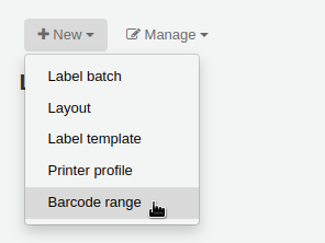 'New' menu in the label creator page is opened and the mouse cursor is on the 'Barcode range' option
