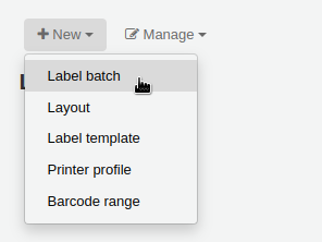 'New' menu in the label creator page is opened and the mouse cursor is on the 'Label batch' option