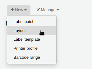 'New' menu in the label creator page is opened and the mouse cursor is on the 'Layout' option