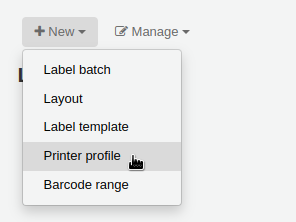 'New' menu in the label creator page is opened and the mouse cursor is on the 'Printer profile' option