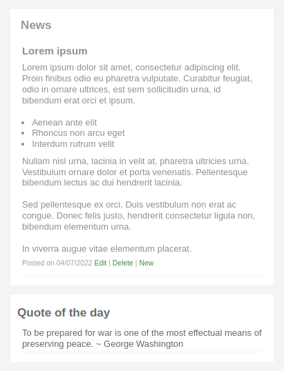 A news block on the main page of the staff interface, followed by a quote of the day