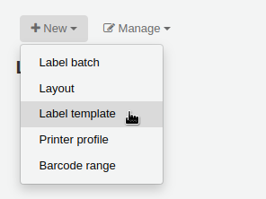 'New' menu in the label creator page is opened and the mouse cursor is on the 'Label template' option