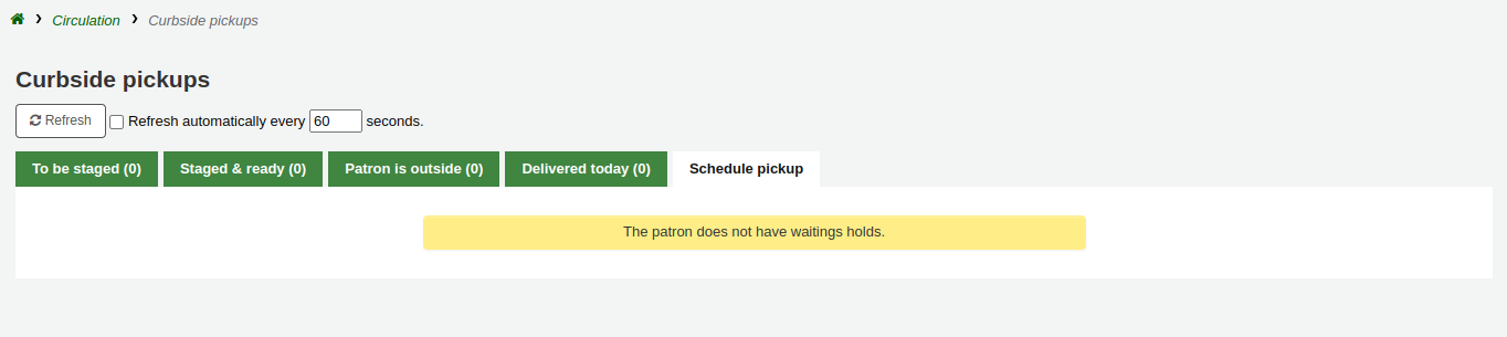 Curbside pickup management page, the Schedule pickup tab is selected, there is an error message that says 'The patron does not have waitings holds'.