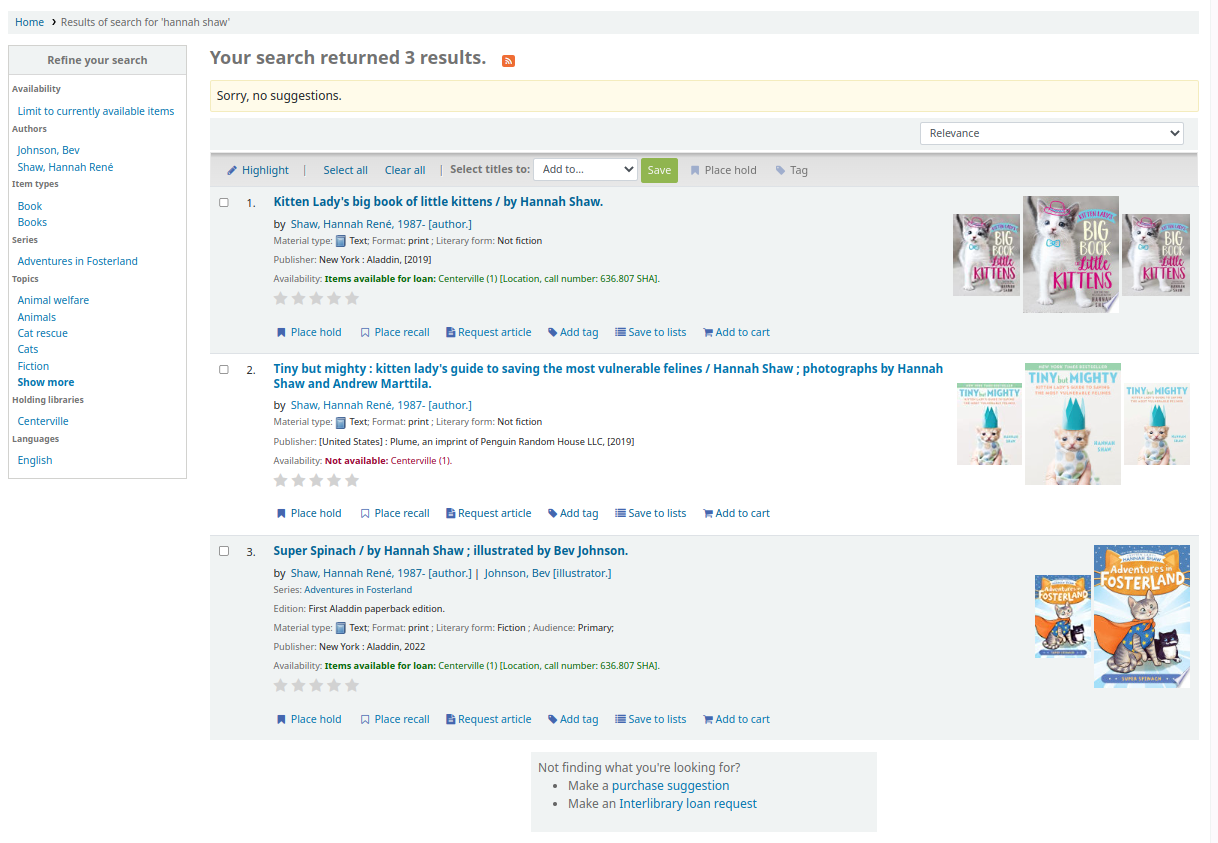 Search results list in the OPAC, facets are on the left