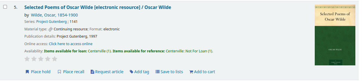 A single search result in the OPAC, visible is a checkbox on the left, some bibliographic information, the title being a link, availability of items, star ratings, place hold option, place recall option, save to lists option and add to cart option